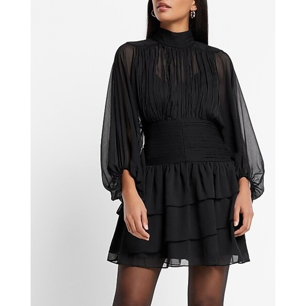 Express Black Tiered Mini Dress with Sheer Bishop Sleeves